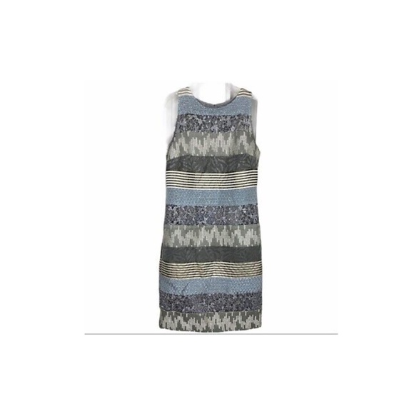 NWT $400 Kay Unger‎ Stripe Mixed Media Shift Dress Silver Blue Gold [Sz 10 ] - Picture 6 of 6